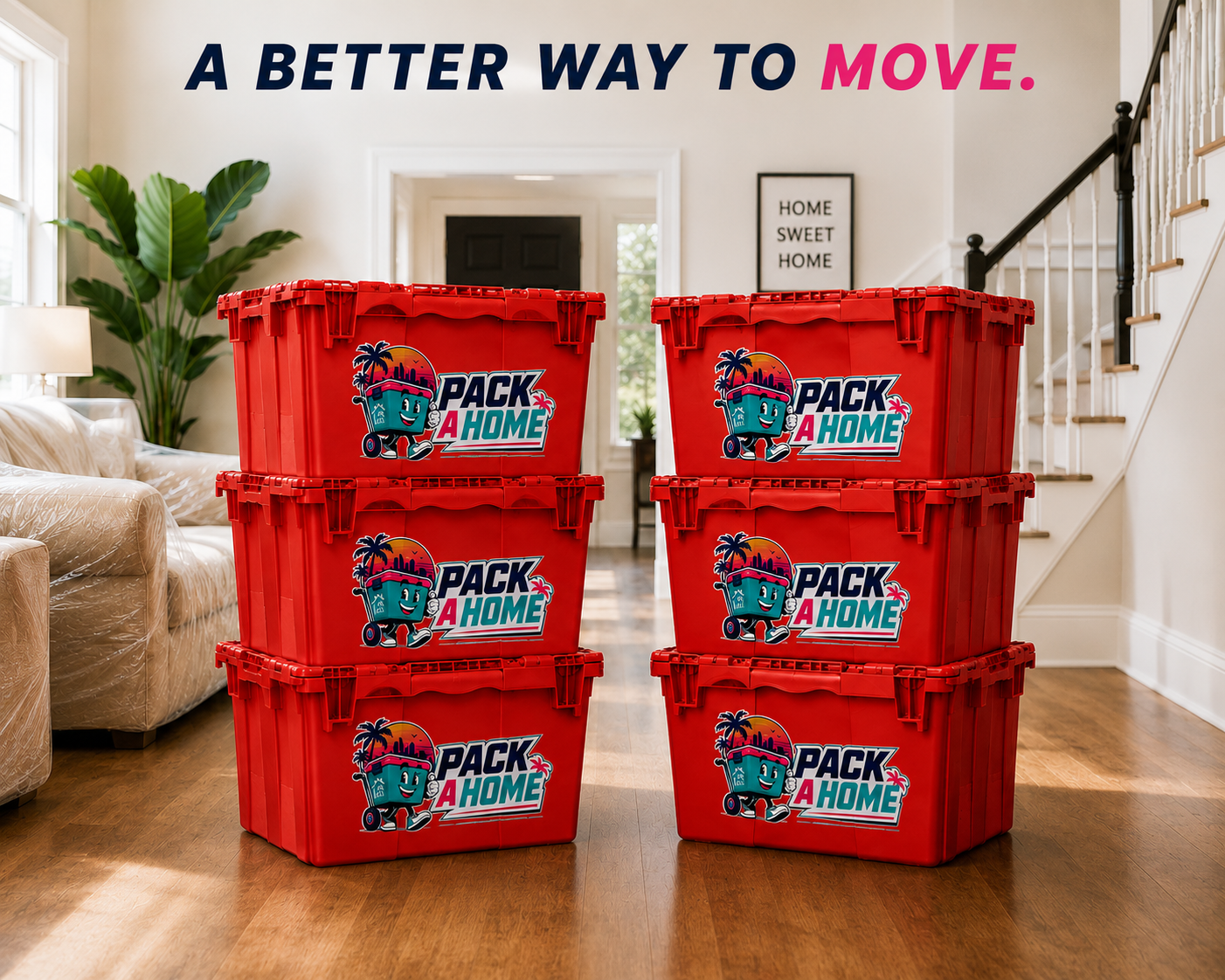 Stacked Pack A Home reusable moving totes in a living room