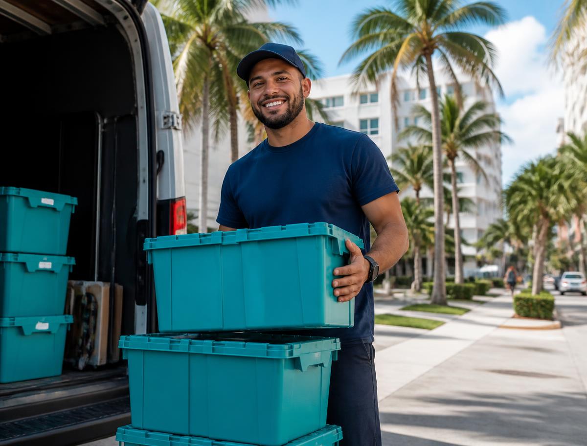 Team member unloading reusable moving totes from a delivery van